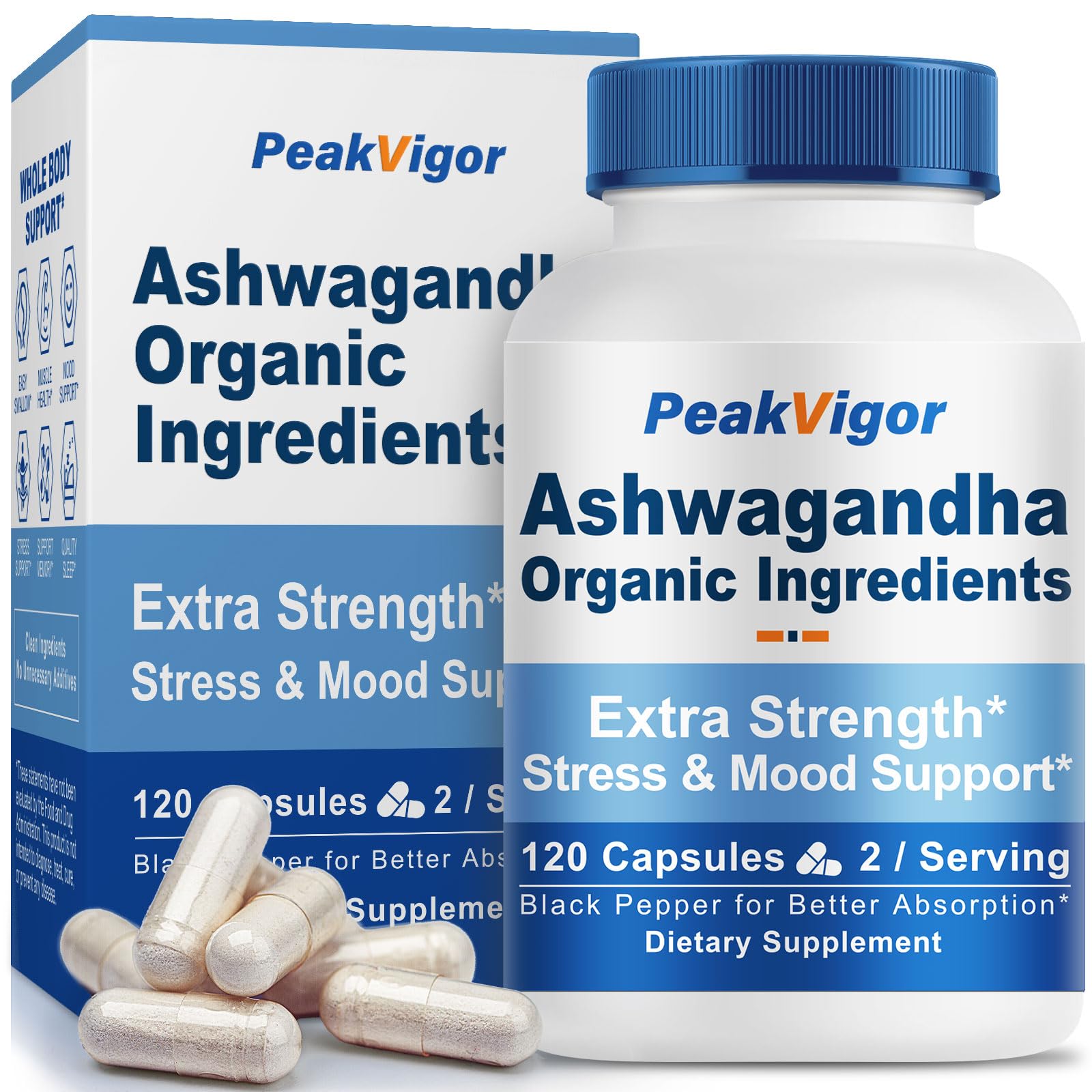 PeakVigor 7000mg ashwagandha bottle close-up highlighting potency for daily support.