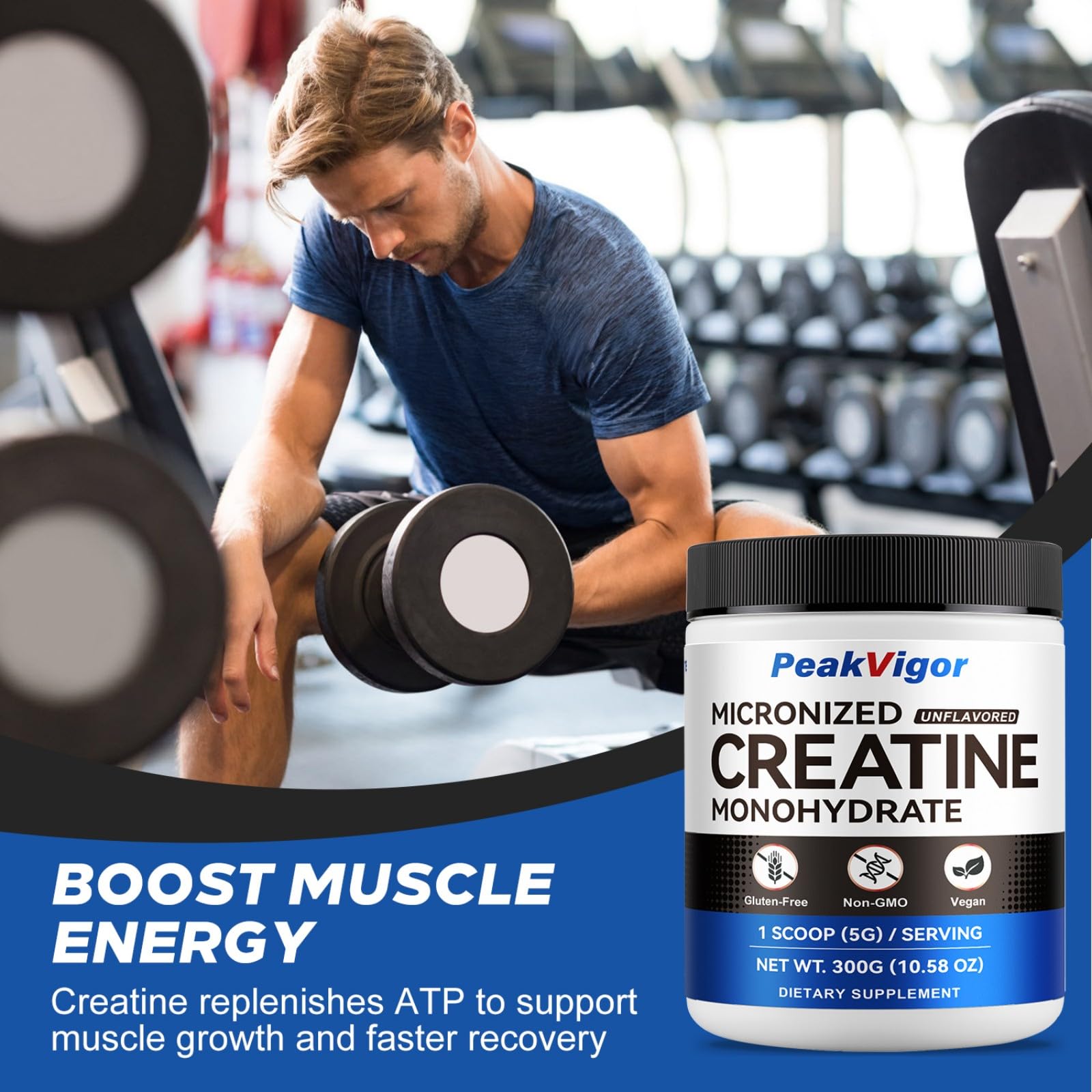 PeakVigor Organics creatine powder beside a shaker bottle ready to mix