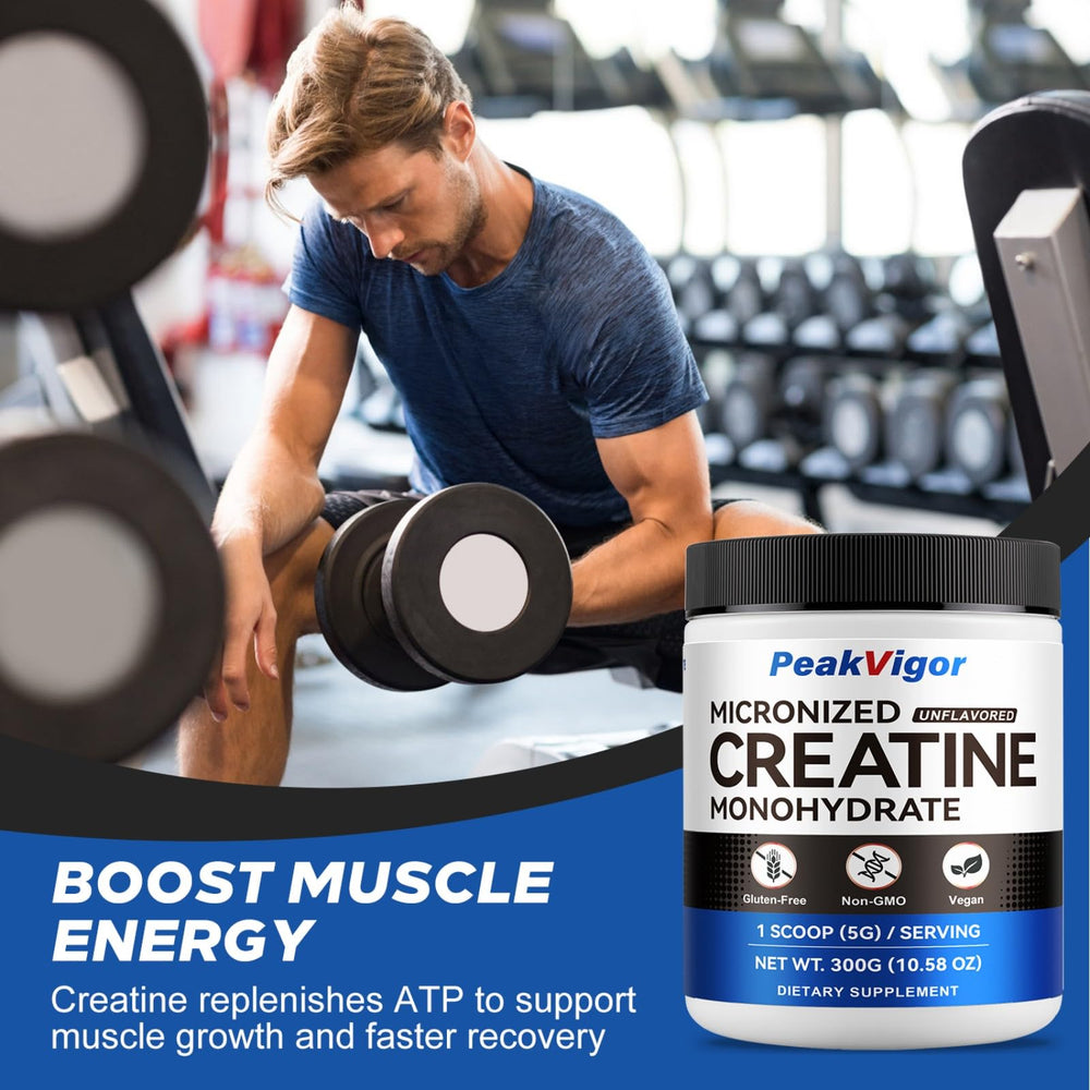 PeakVigor Organics creatine powder beside a shaker bottle ready to mix