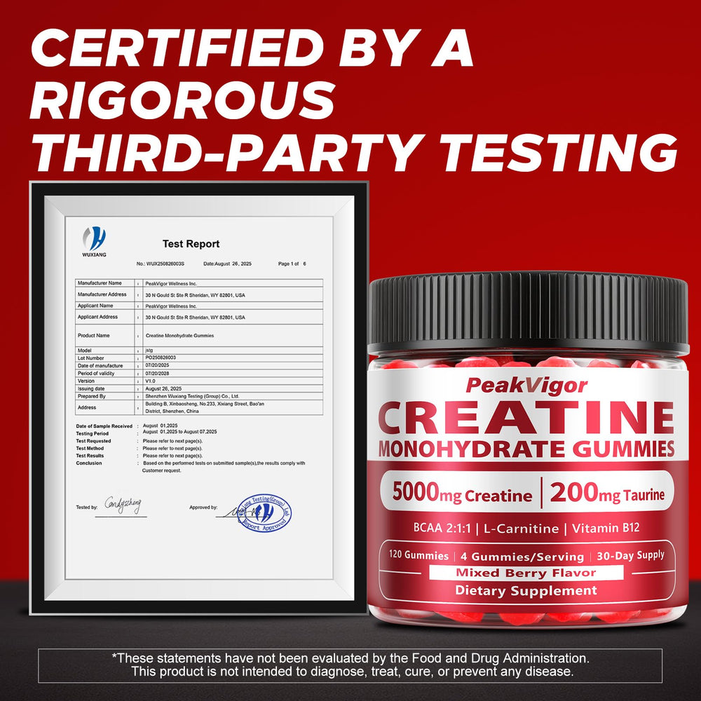PeakVigor Organics Creatine Gummies berry flavor for tasty daily performance support.