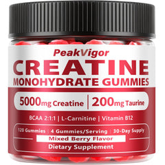 PeakVigor Organics Creatine Gummies bottle for on-the-go energy and recovery.