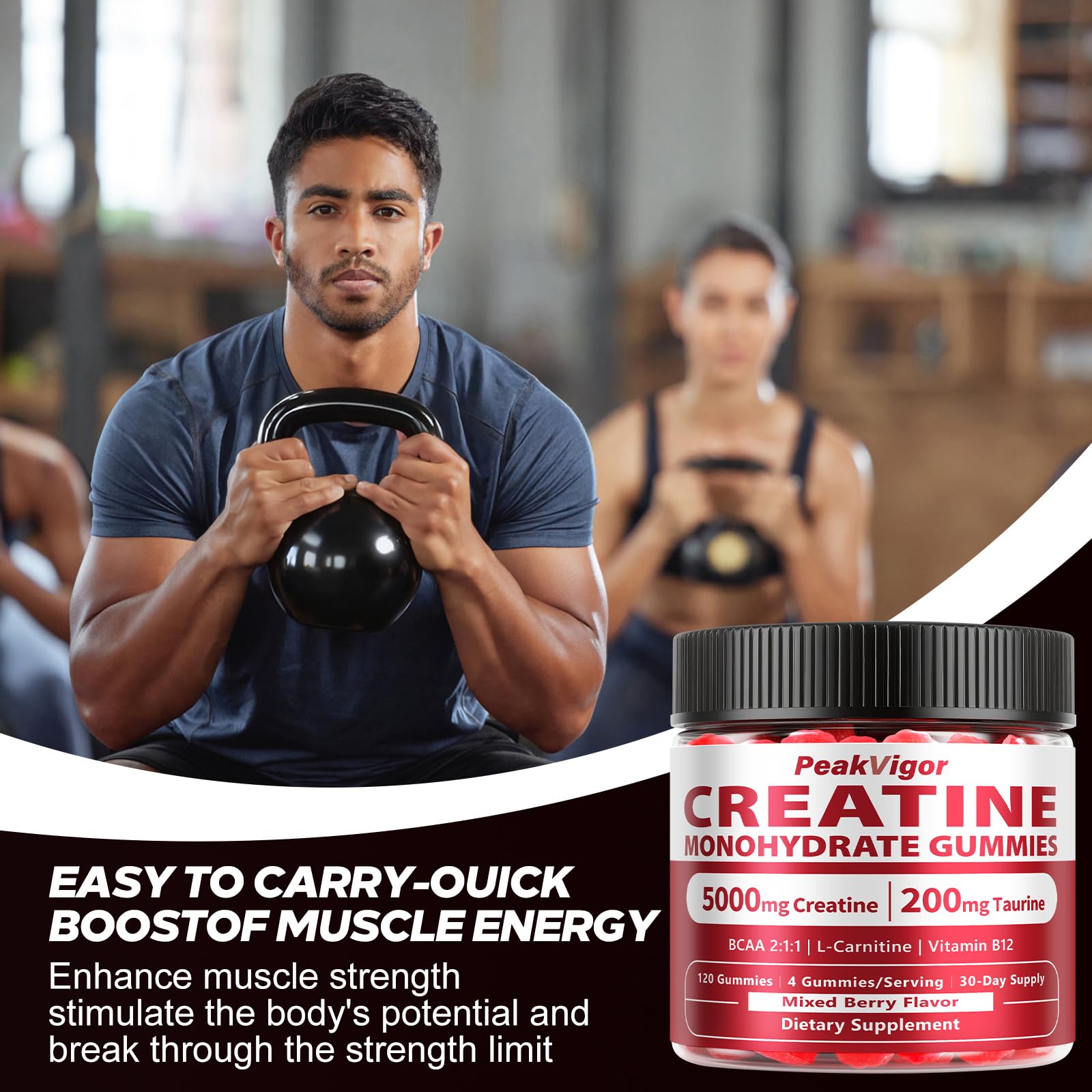 PeakVigor Organics Creatine Gummies on-the-go container ideal for gym bags.