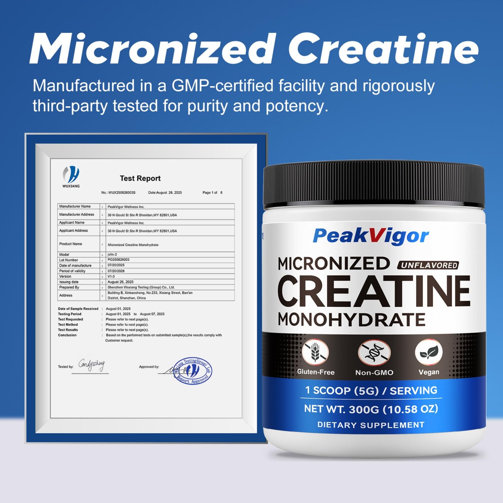 PeakVigor Organics creatine serving scoop included for precise 5 g dosing