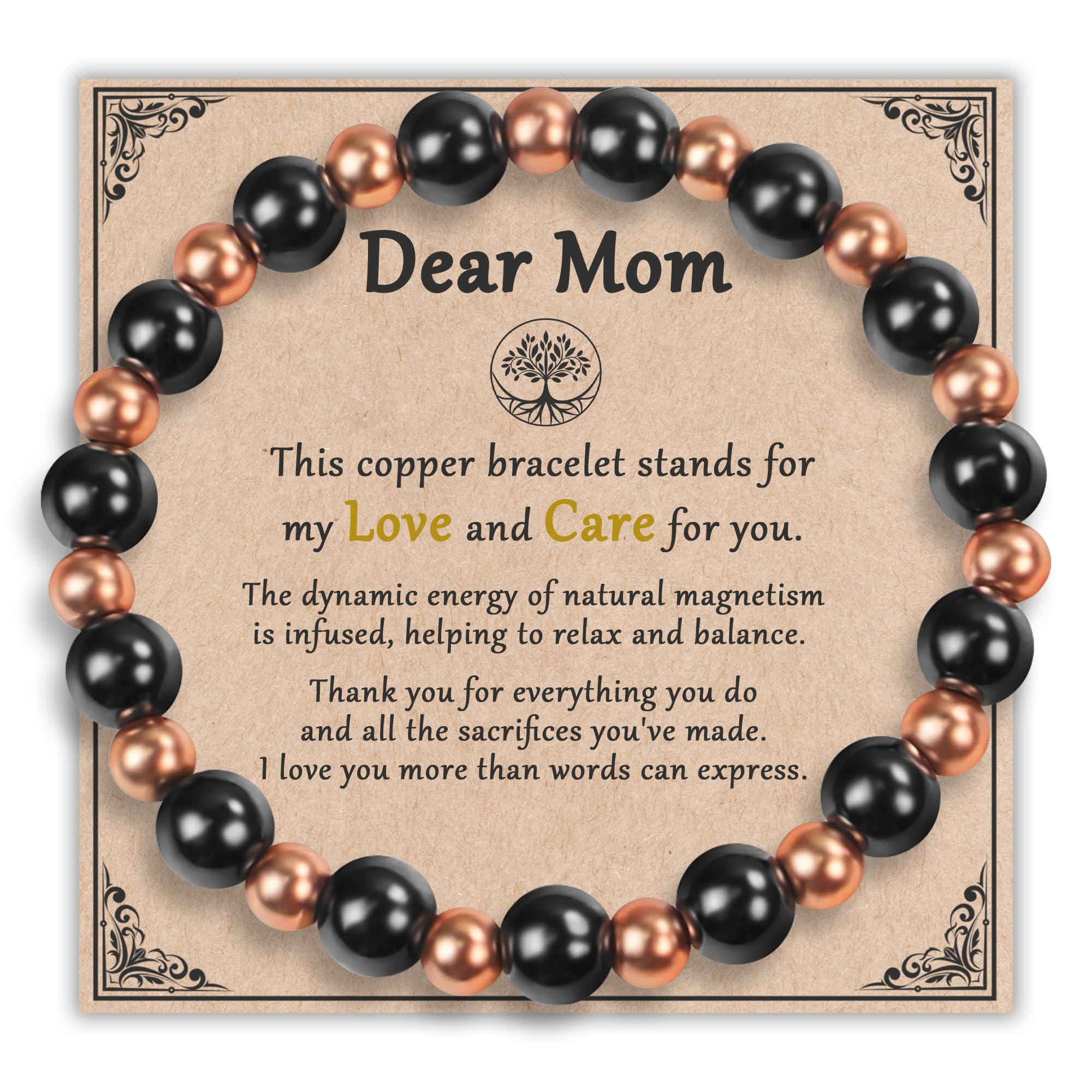 Pulsera PEALICIOUS para mamá en cobre con cuentas, regalo ideal para bienestar diario.