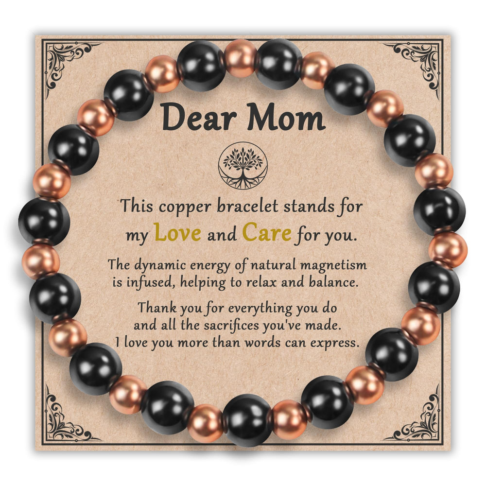 Pulsera PEALICIOUS para mamá en cobre con cuentas, regalo ideal para bienestar diario.