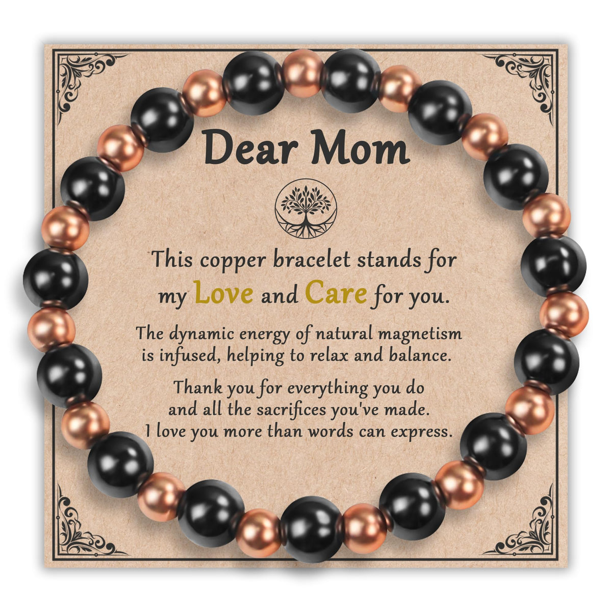 Pulsera PEALICIOUS para mamá en cobre con cuentas, regalo ideal para bienestar diario.