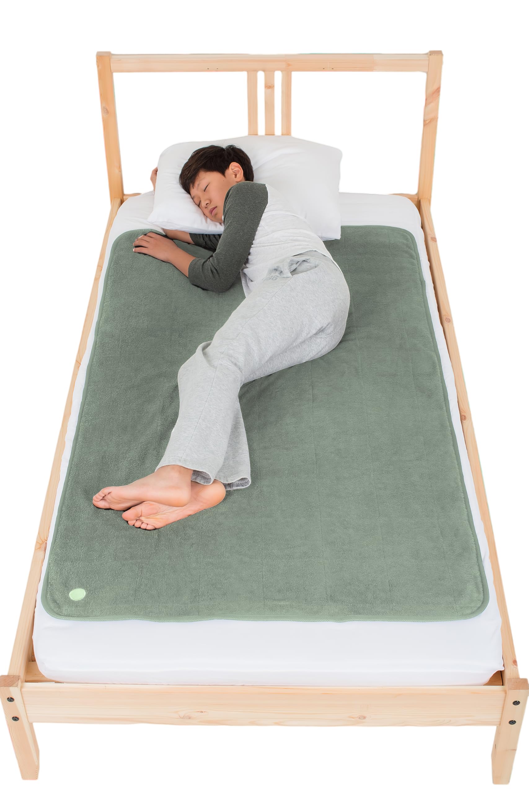 PeapodMats bedwetting mat in sage flat lay showing secure protection