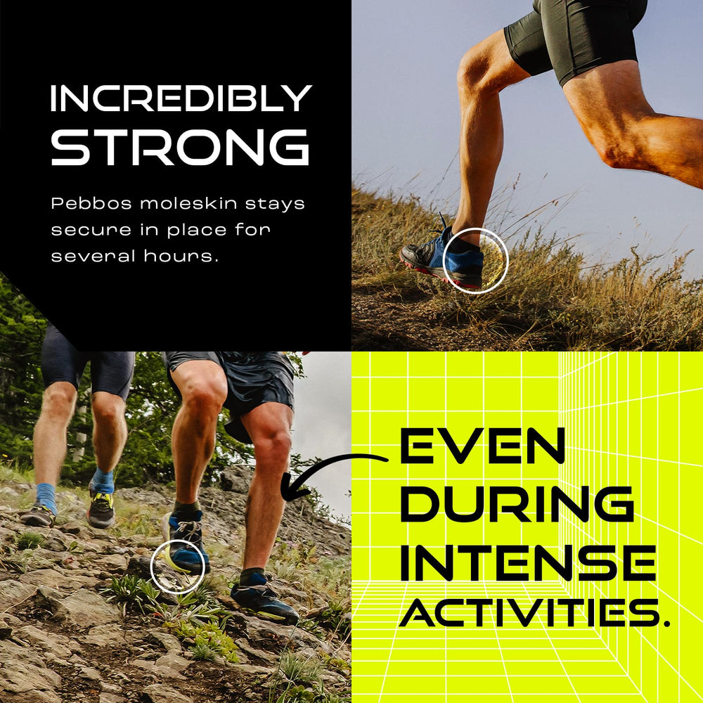 Pebbos Moleskin Tape adhesive strength emphasizes secure wear during running and hiking.