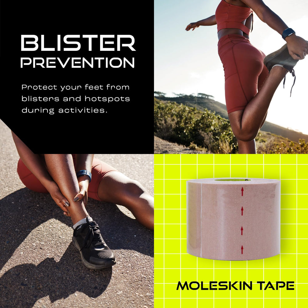 Pebbos Moleskin Tape foot padding demonstrates thin, comfortable protection for ongoing activity.