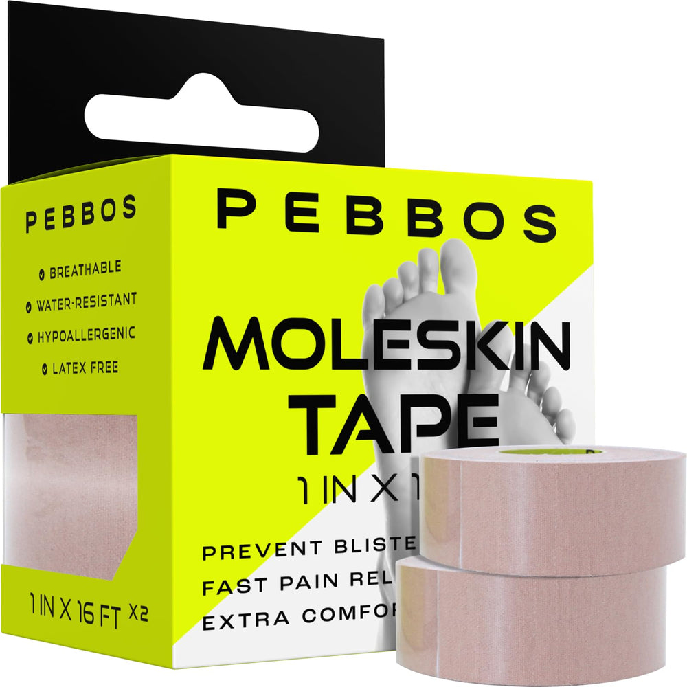 Pebbos Moleskin Tape roll in 1in width for blister-prevention padding.