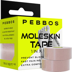 Pebbos Moleskin Tape roll in 1in width for blister-prevention padding.
