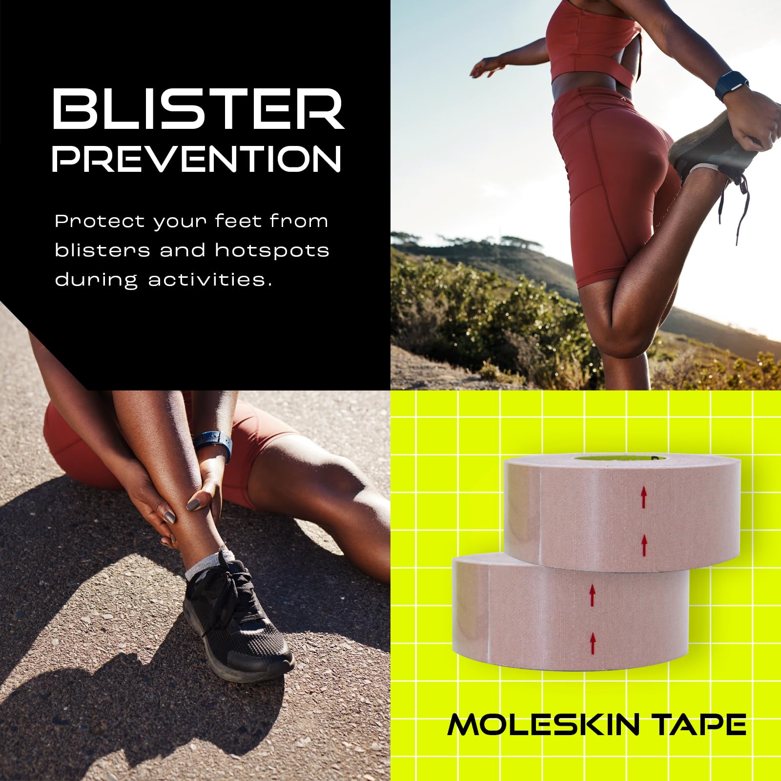 Pebbos Moleskin Tape trimmed to fit around heels and bunions for protection.