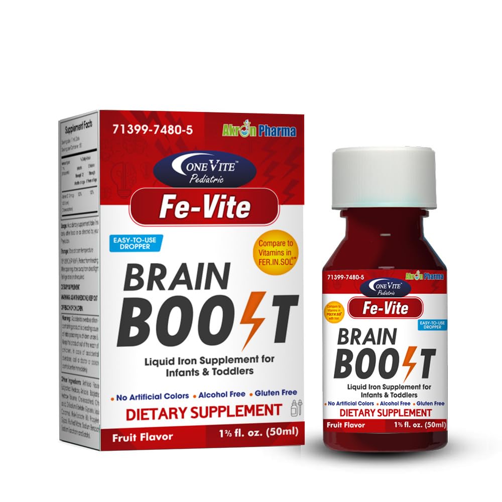 Pediatric FE-Vite Drops bottle front view with natural fruit flavor for kids.