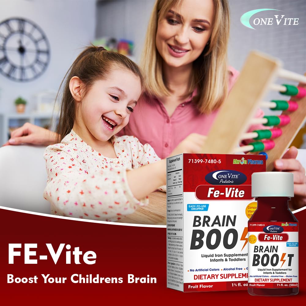 Pediatric FE-Vite Drops bottle side showing gluten-free, alcohol-free formula.