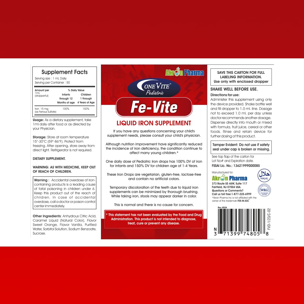 Pediatric FE-Vite Drops 50ml packaging shows compact bottle.