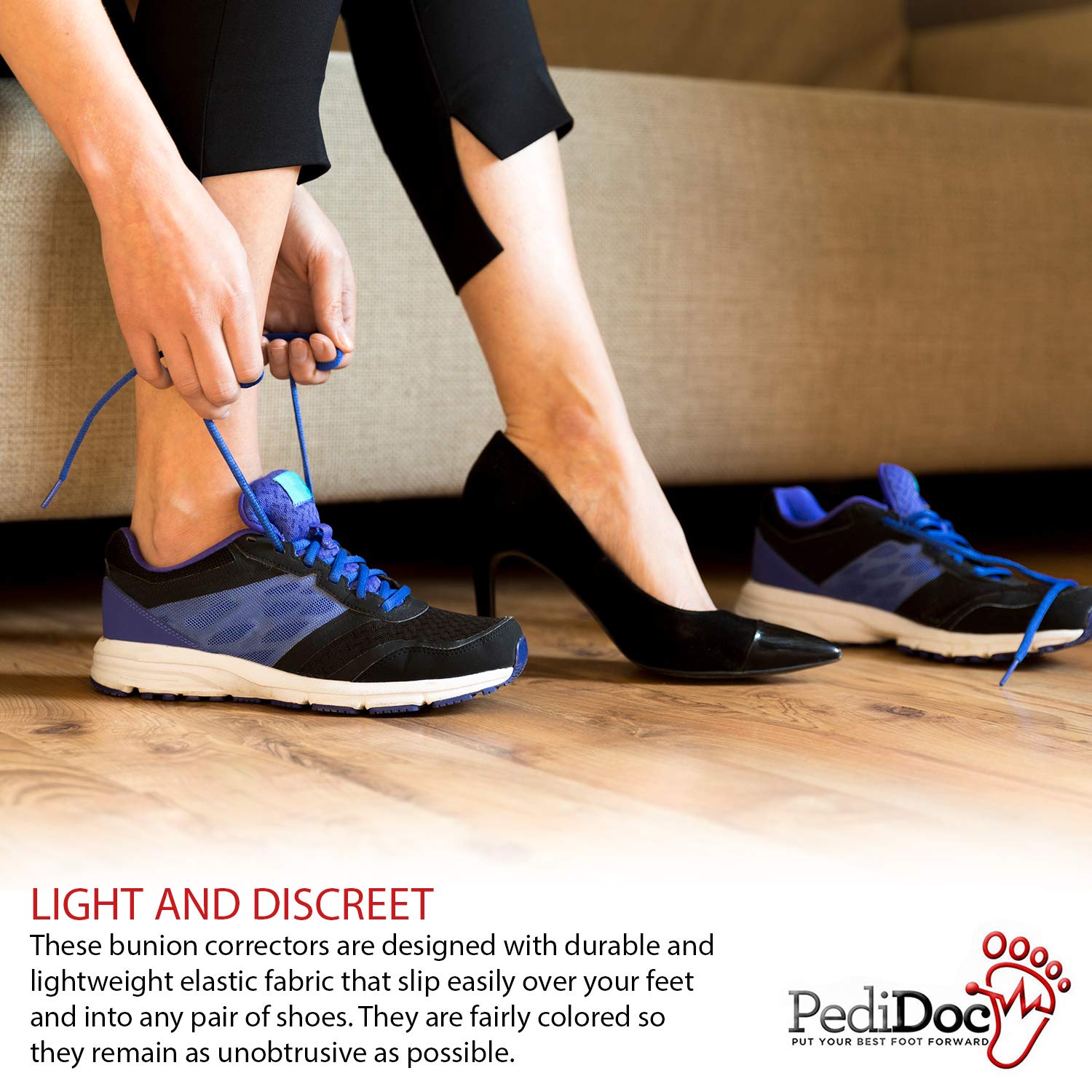 PediDoc Bunion Corrector fits discreetly with slip-free wear in most shoes.