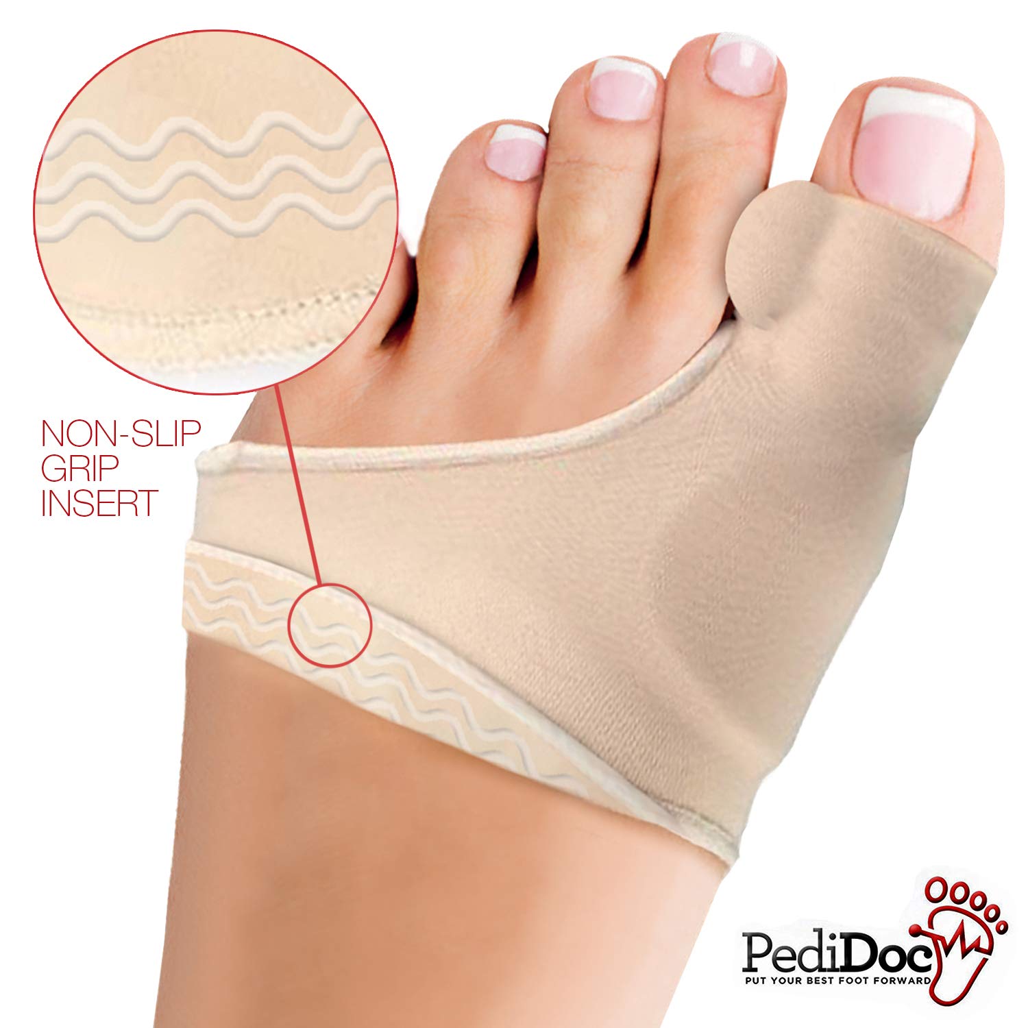 PediDoc Bunion Corrector non-slip grip keeps the sleeve in place during activity.