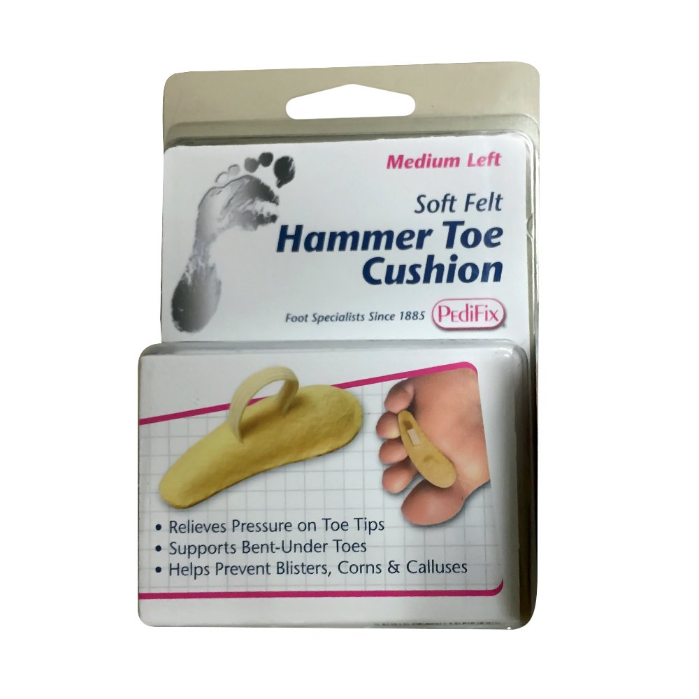 Pedifix hammer toe cushion on left foot—medium—toe tip pressure relief.