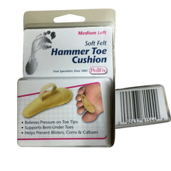 Pedifix hammer toe cushion close-up—left foot—comfortable toe tip support.