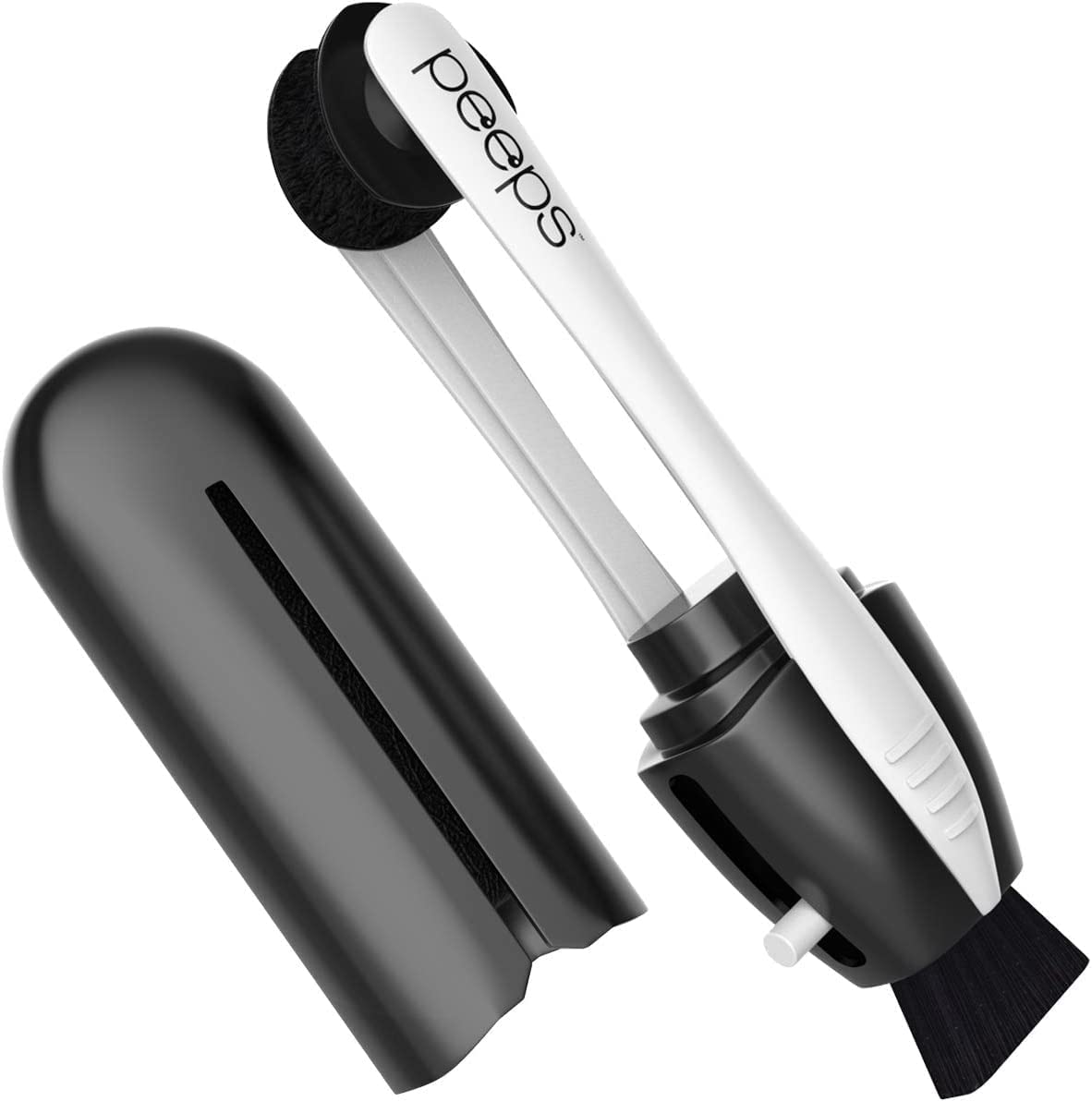 Peeps CarbonKlean eyeglass cleaner bottle close-up highlighting carbon microfiber tech for streak-free clarity.