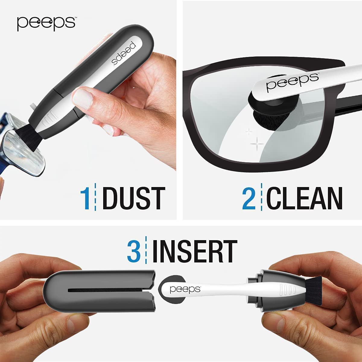 Peeps CarbonKlean pocket-compact design enables on-the-go glasses care.