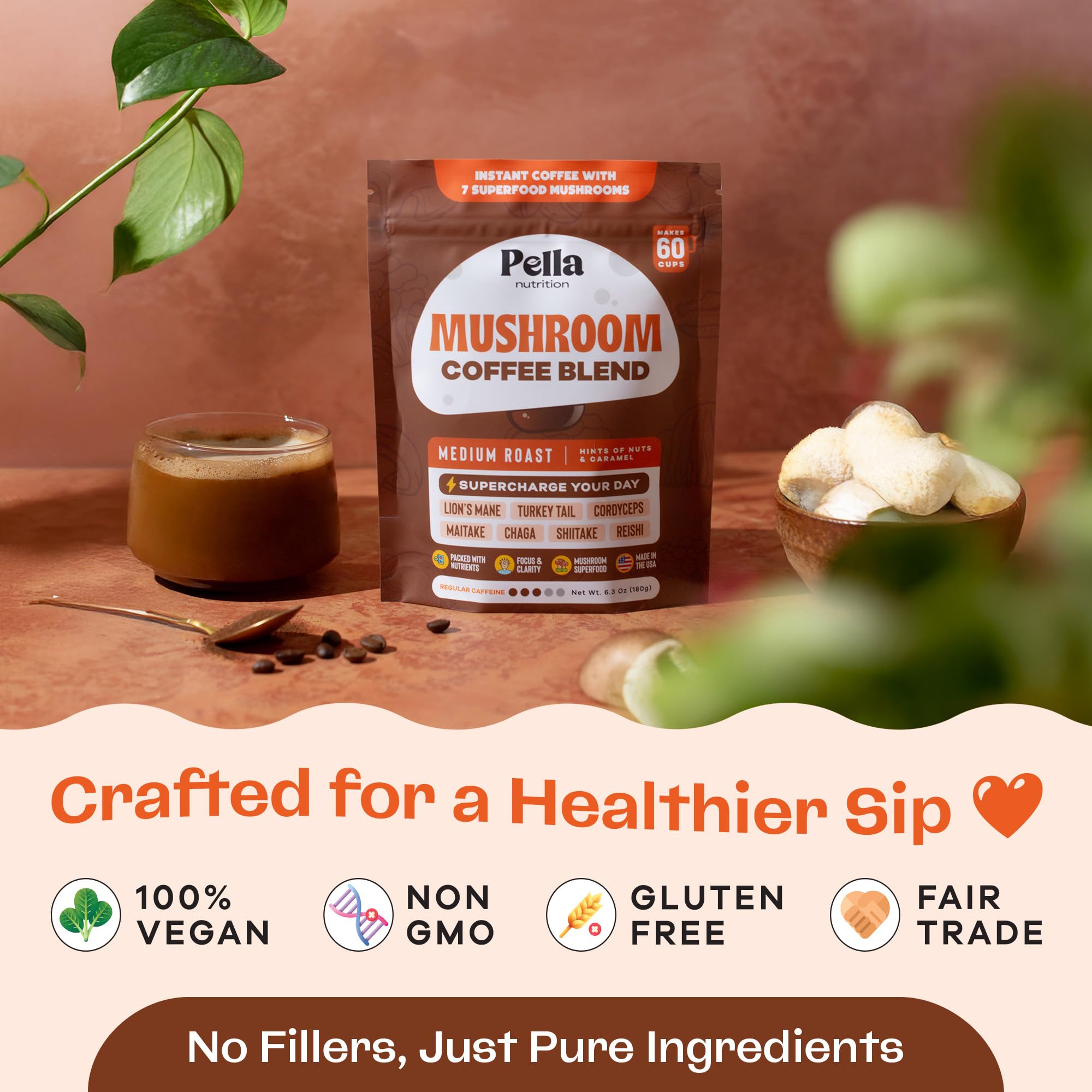 Pella Nutrition mushroom coffee cups on desk convey a productive work setup