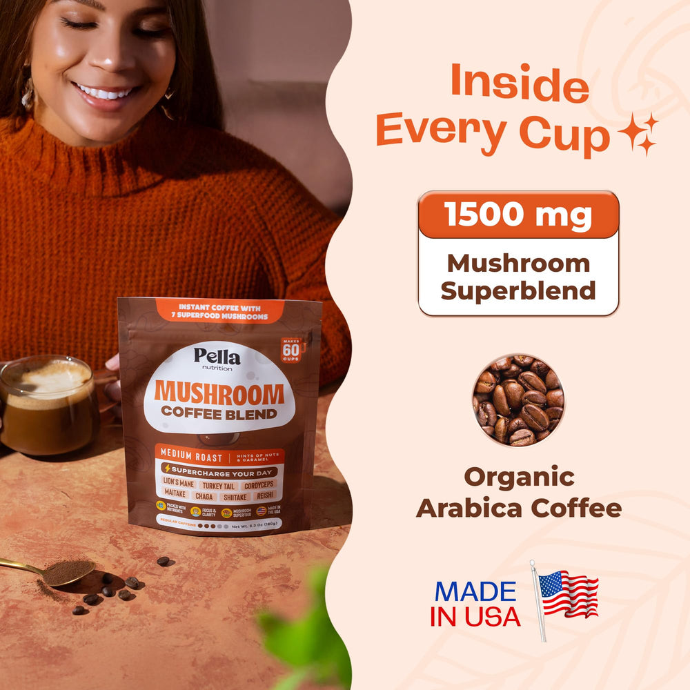 Pella Nutrition mushroom coffee packet closeup showcases premium ingredients and organic quality