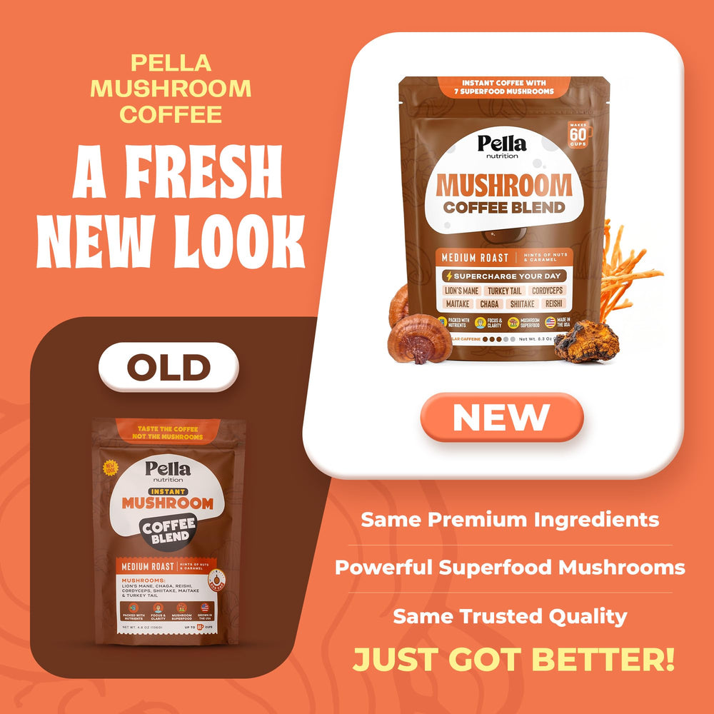 Pella Nutrition mushroom coffee spoon and blend emphasizes convenient, measured servings
