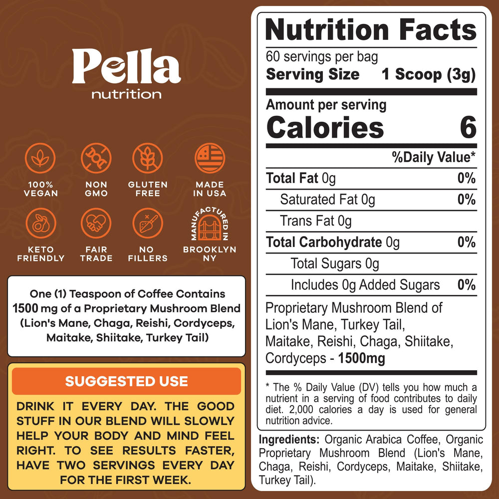 Cup of Pella Nutrition mushroom coffee delivering clean energy and focus