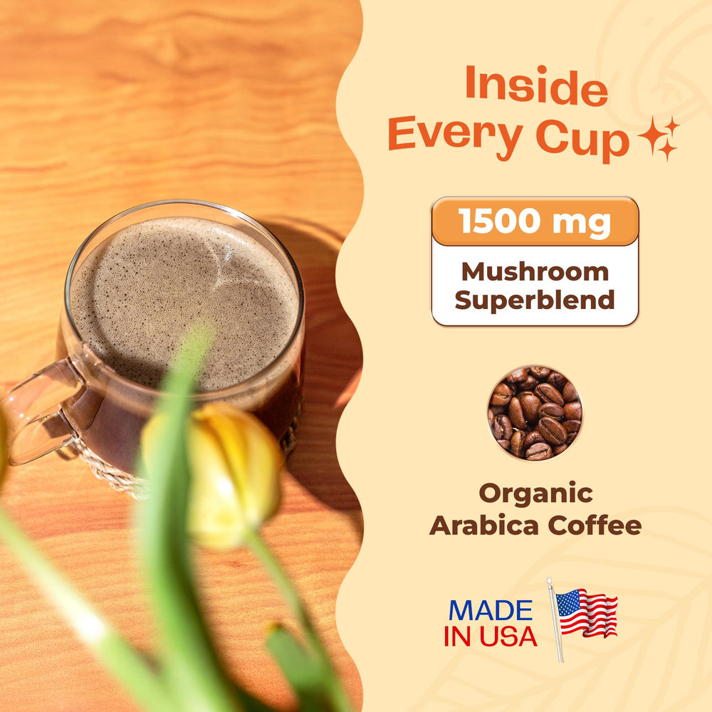 Lions Mane variant of Pella Nutrition mushroom coffee highlighting focus support