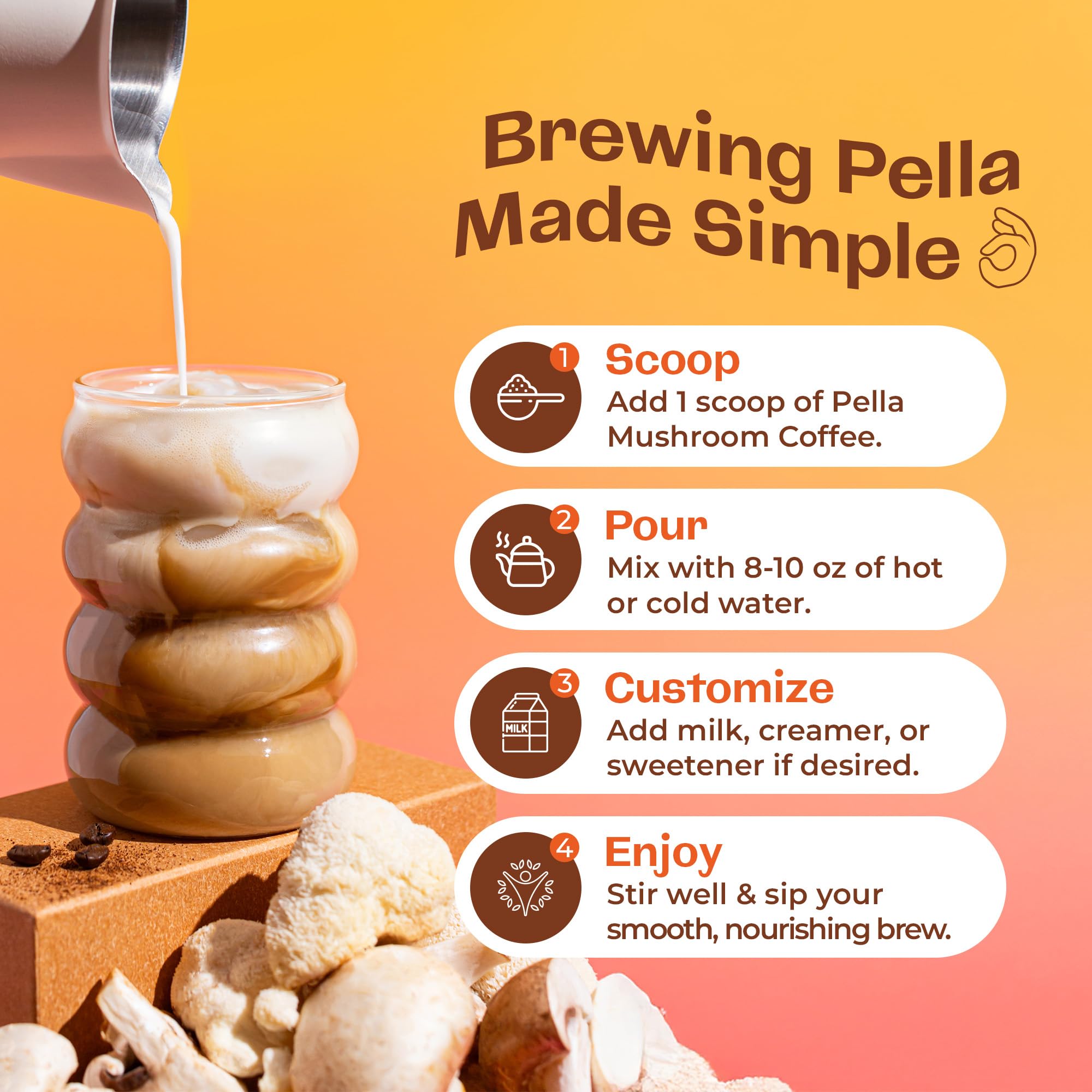 Medium roast profile of Pella Nutrition mushroom coffee with nutty caramel notes