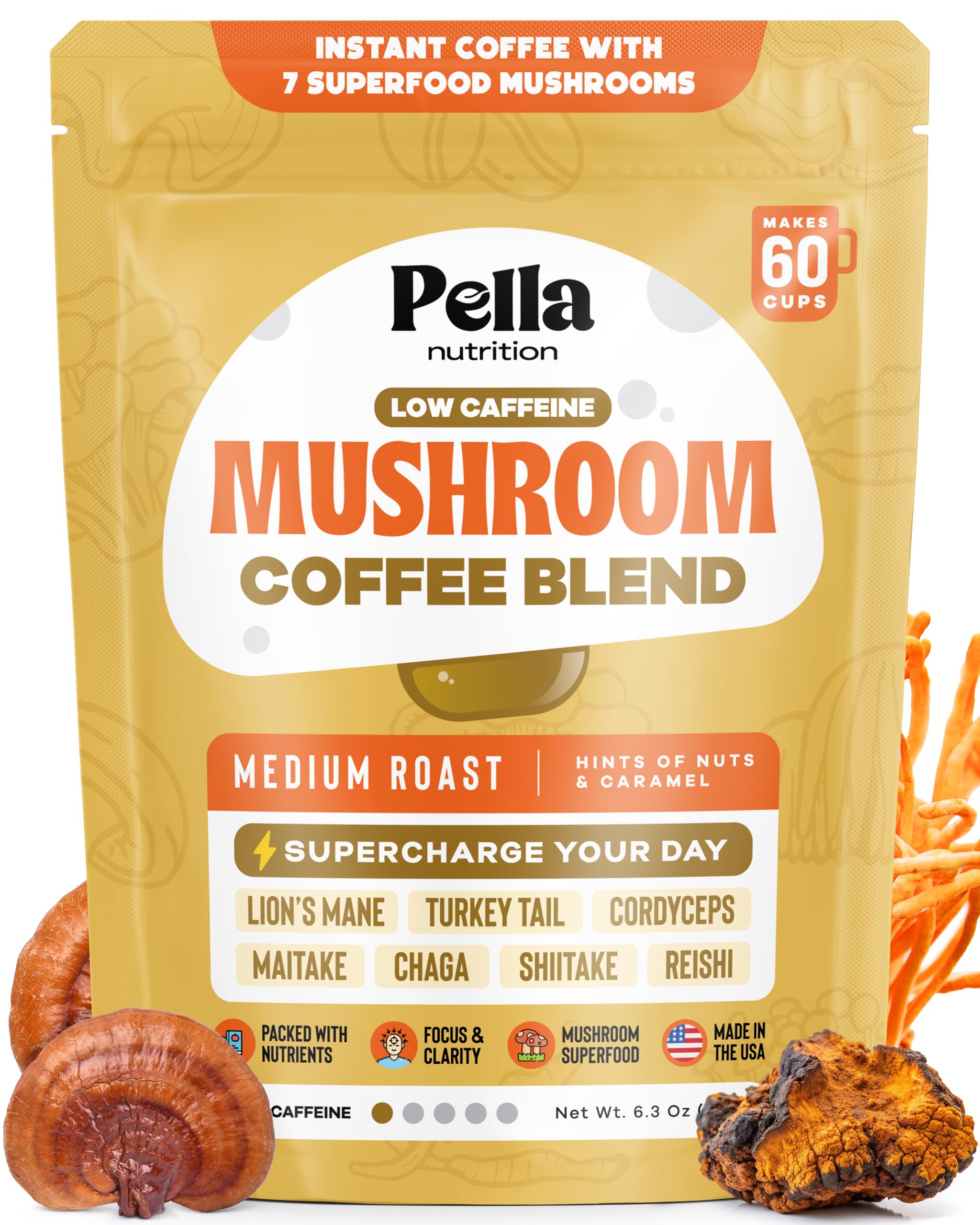 Pella Nutrition mushroom coffee being poured for a smooth, low-caffeine morning lift