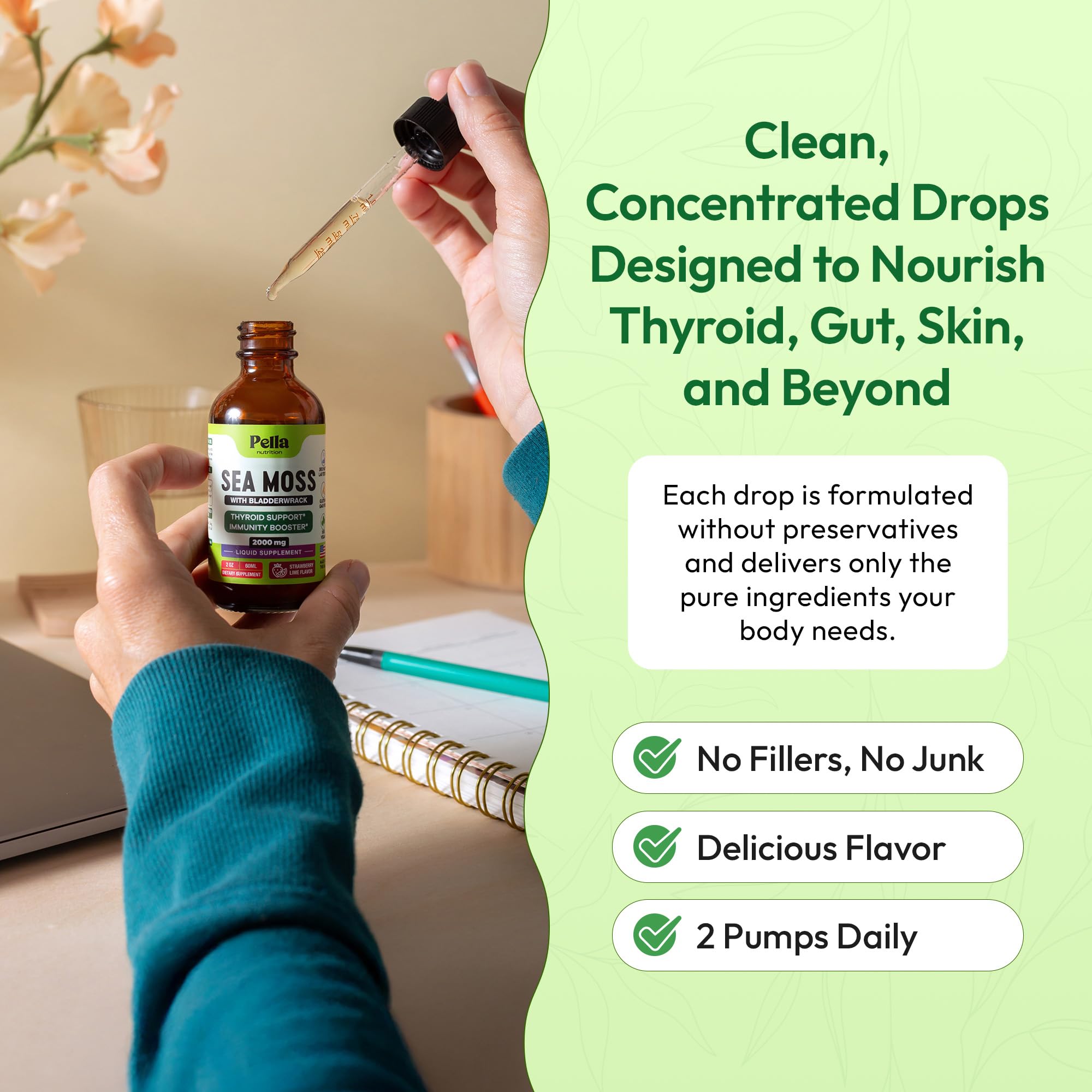 Pella Nutrition Sea Moss Drops dose shot demonstrates simple 2ml serving.