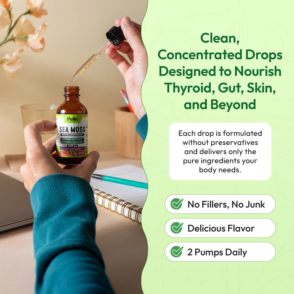 Pella Nutrition Sea Moss Drops dose shot demonstrates simple 2ml serving.
