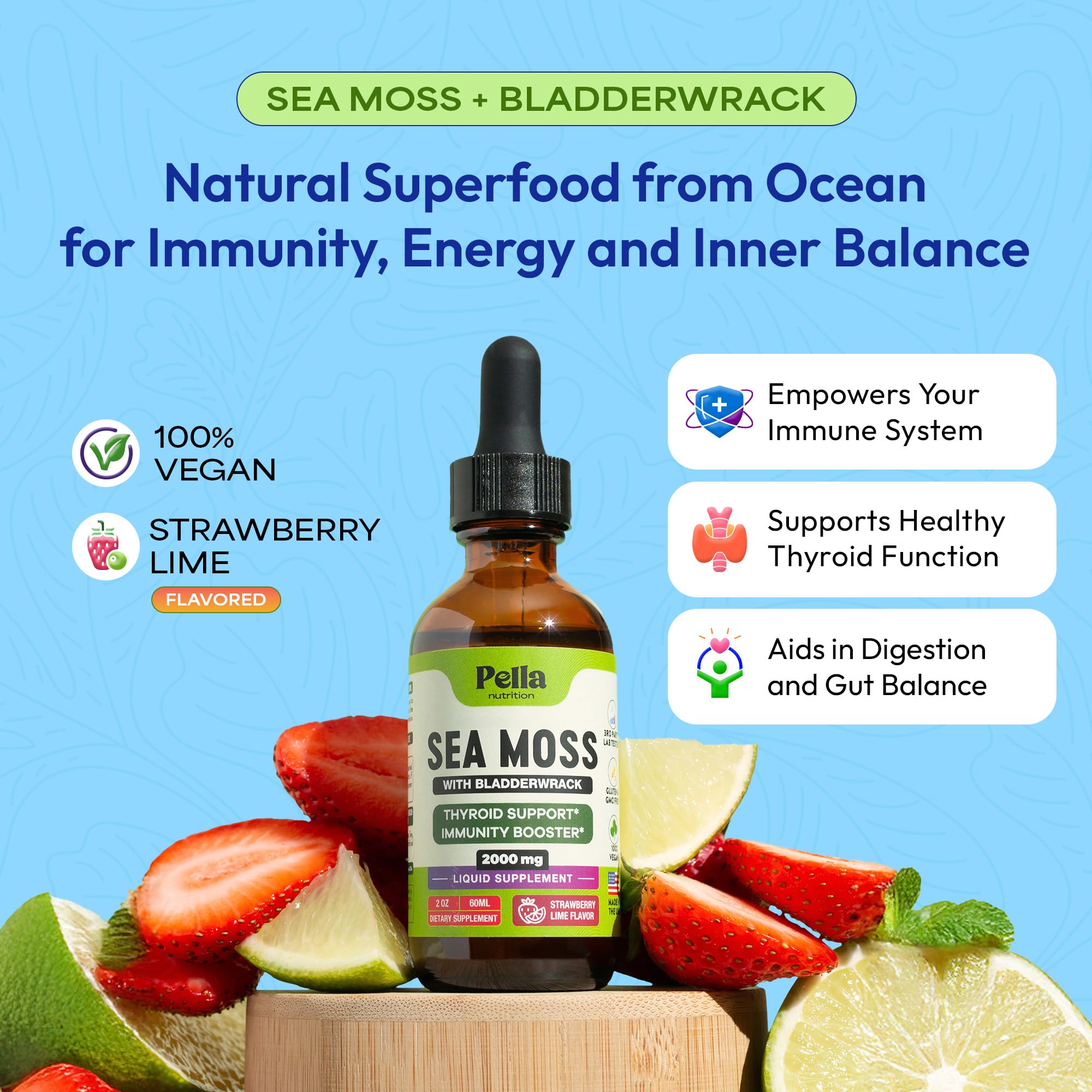 Pella Nutrition Sea Moss Drops dropper shows easy 2ml dosing for busy days.
