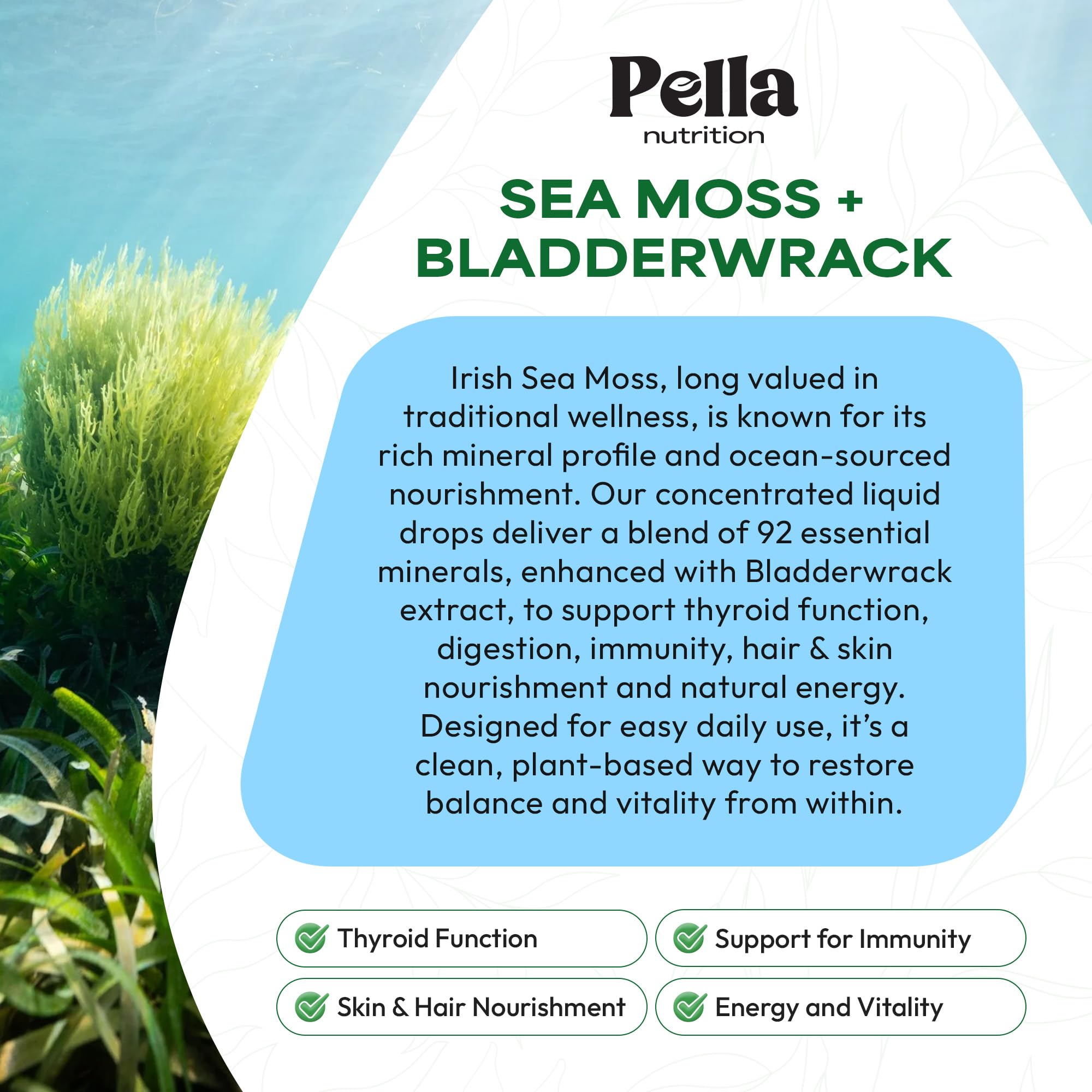 Pella Nutrition Sea Moss Drops packaging emphasizes trusted USA-made quality.