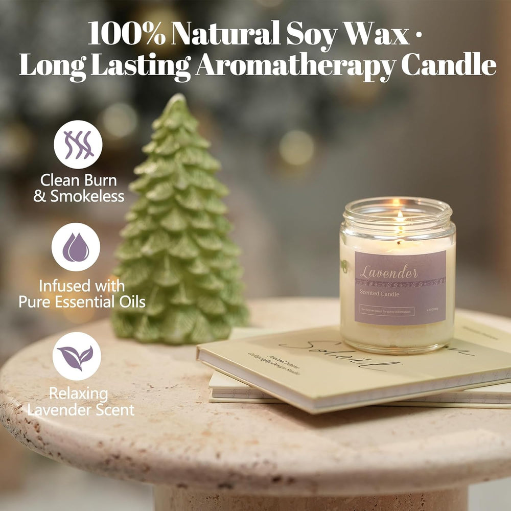 PELN lavender scented candle jar suggesting calming aroma for relaxation and spa-like moments.