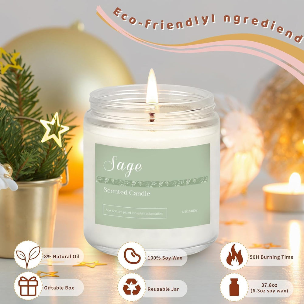 PELN vanilla-sage candle jar with warm glow, ideal for cozy moments.