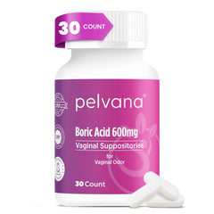 Pelvana boric acid suppositories box and label signaling USA-bottled quality for gentle vaginal freshness support.