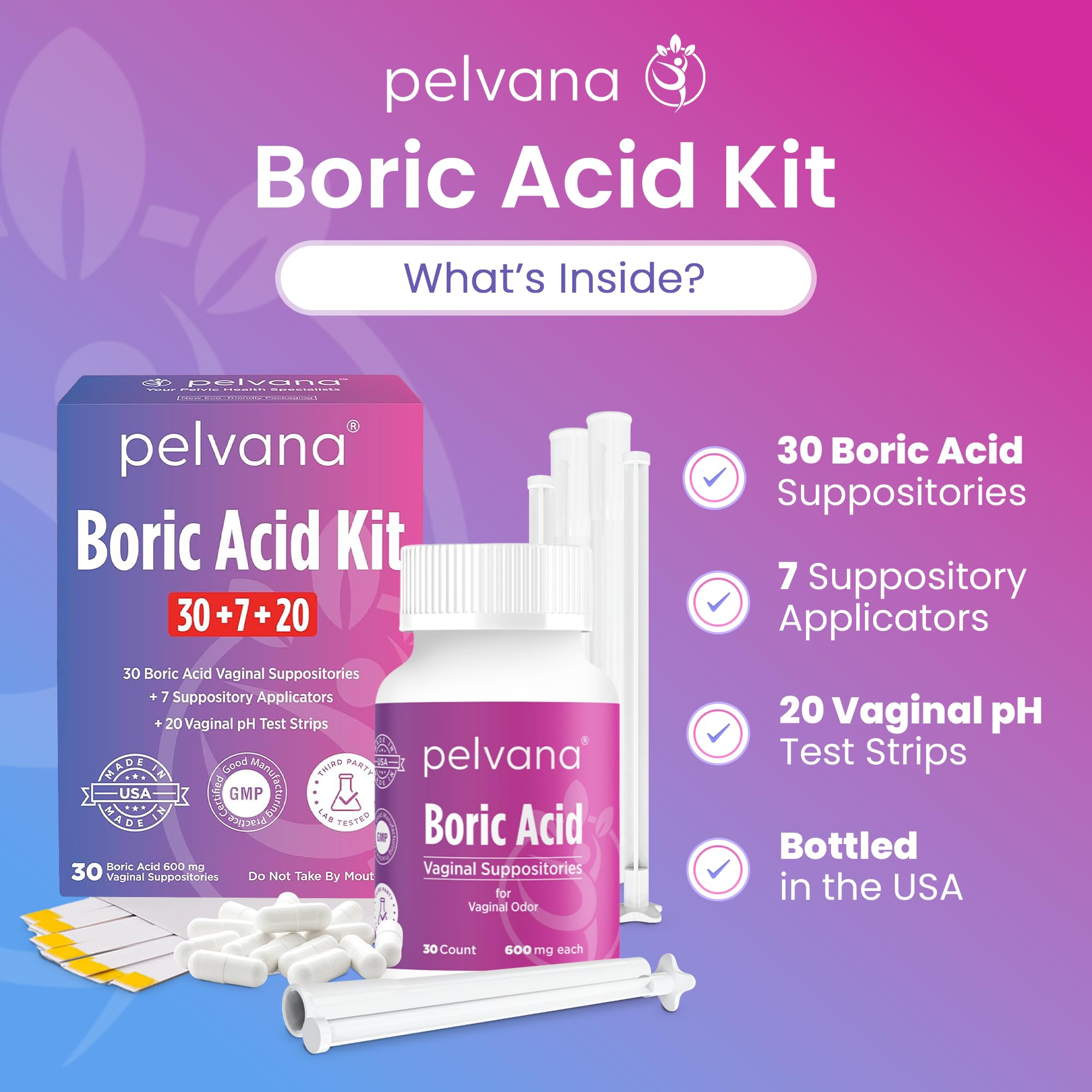 Pelvana boric acid suppositories, 30-count, for nightly use