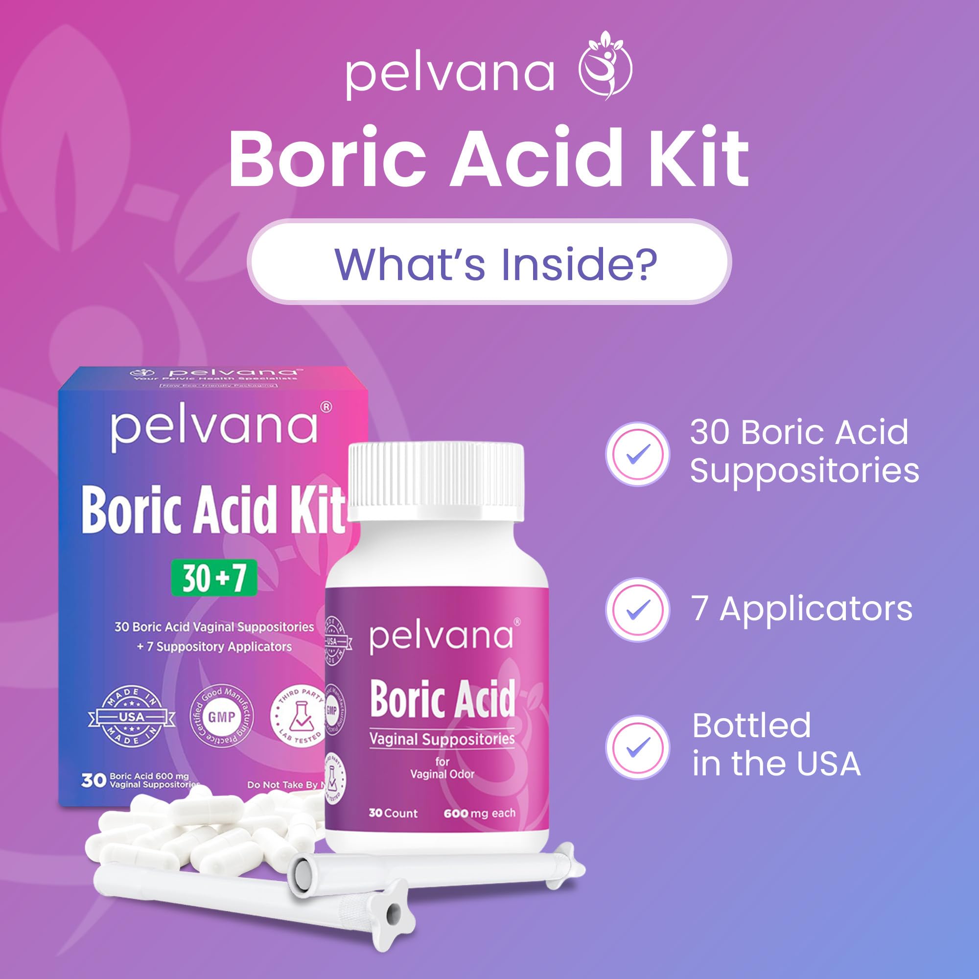 Pelvana boric acid suppositories 7 applicators pack shows easy insertion for comfortable nightly use.