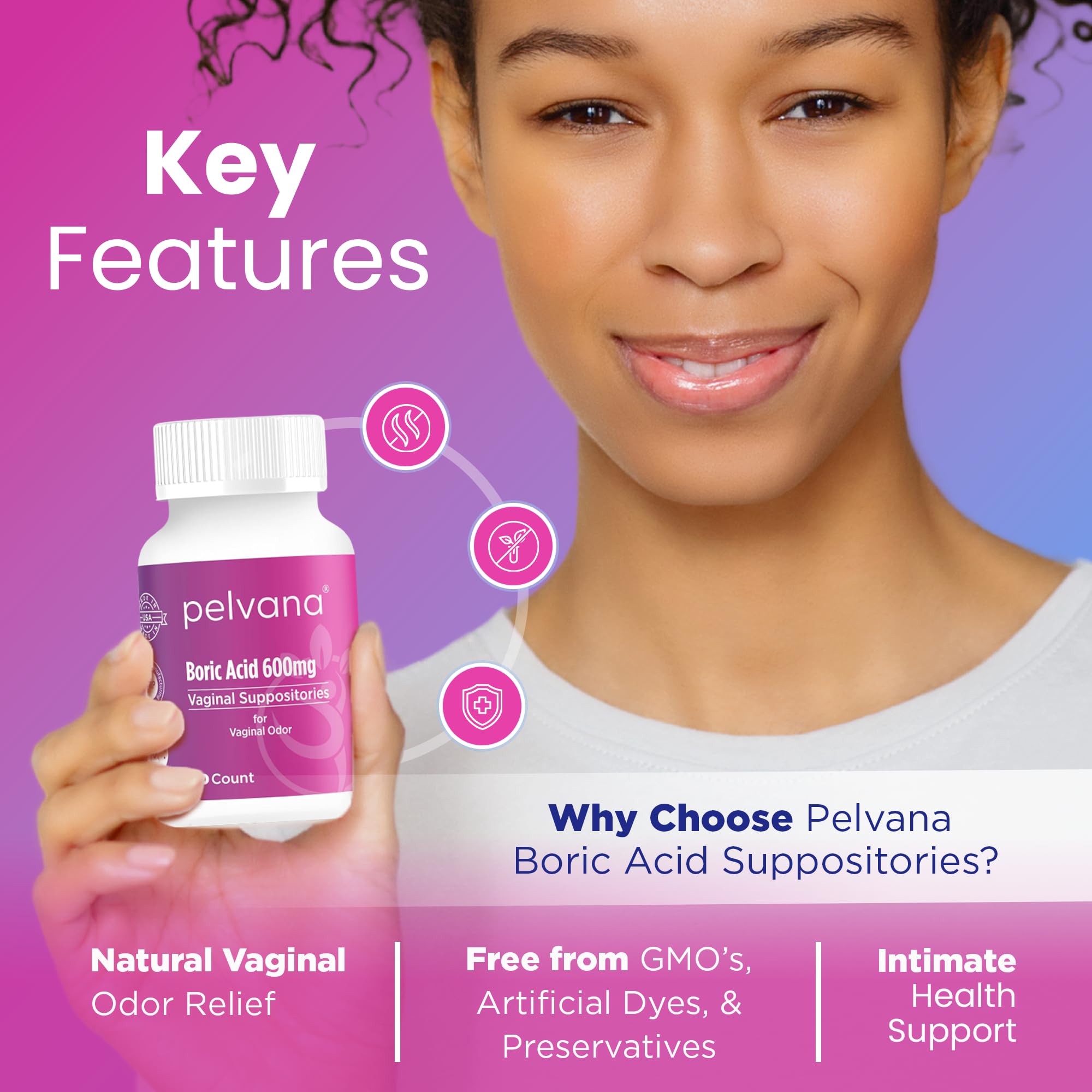 Pelvana boric acid suppositories bottle label, highlighting 600 mg per capsule for reliable at-home use.