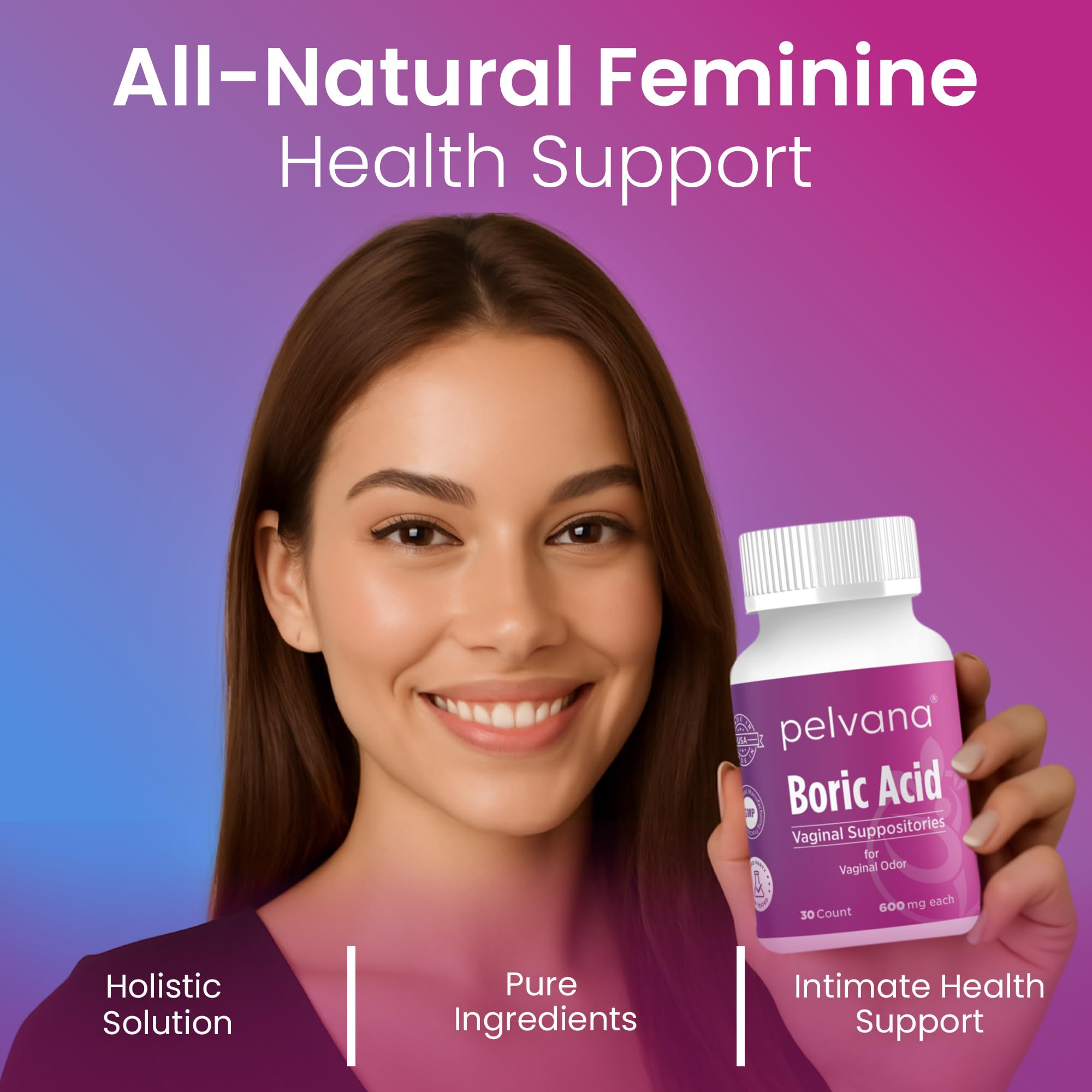 Pelvana boric acid suppositories box packaging highlights USA-bottled, lab-verified quality.