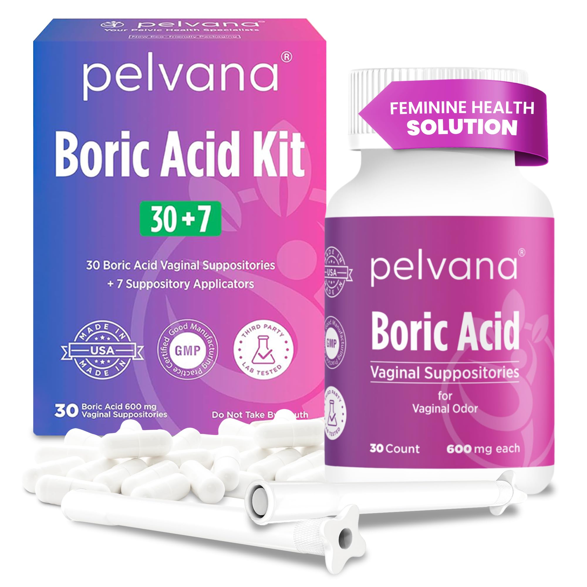 Pelvana boric acid suppositories kit bottle demonstrates a complete 37-piece kit for at-home vaginal care.