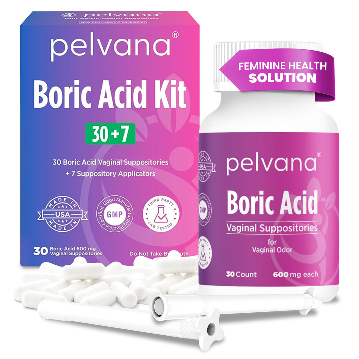 Pelvana boric acid suppositories kit bottle demonstrates a complete 37-piece kit for at-home vaginal care.