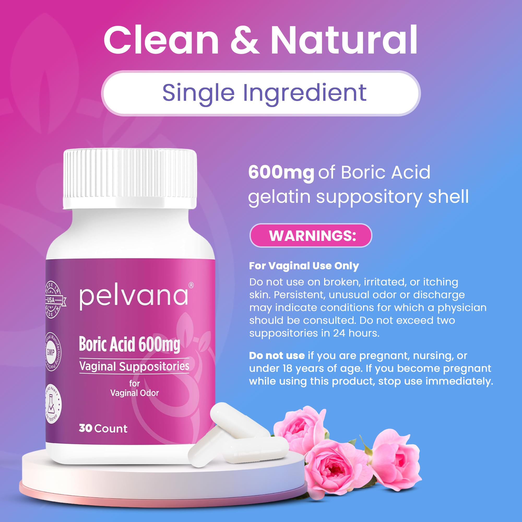 Pelvana boric acid suppositories lab verification seal emphasizing third-party testing.