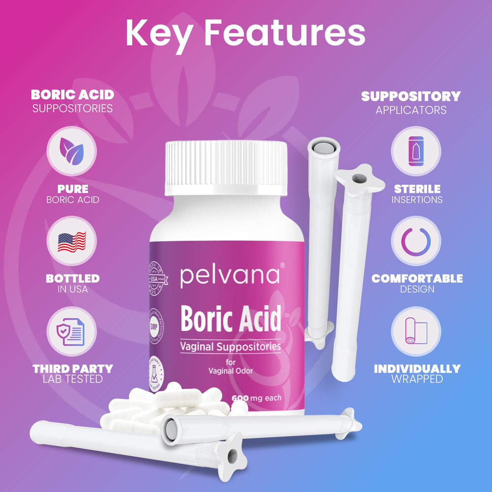 Pelvana boric acid suppositories label indicates 600 mg dose and additive-free formula.