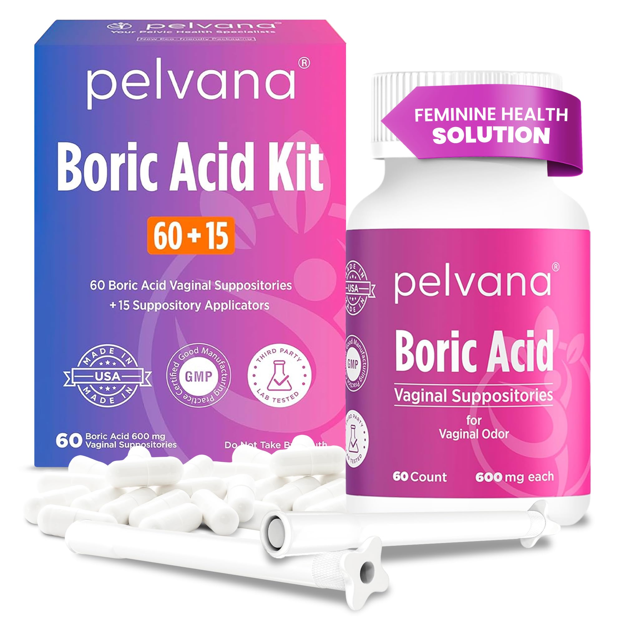 Pelvana boric acid suppositories packaging: convenient kit for on-the-go freshness.