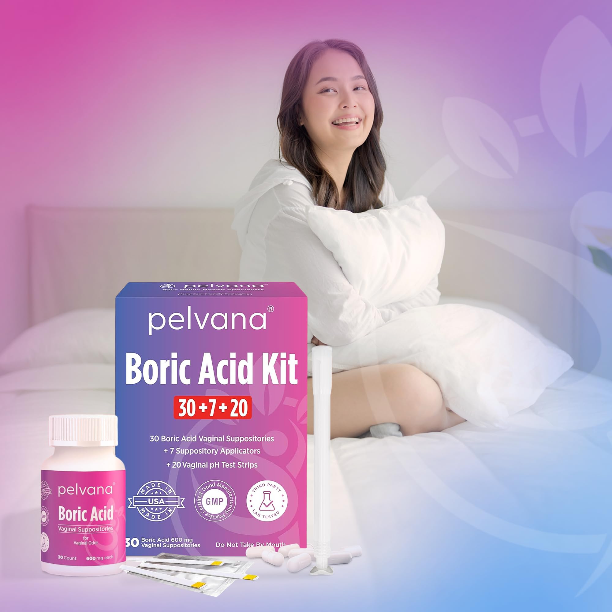 Pelvana vaginal care kit displayed on a bathroom counter