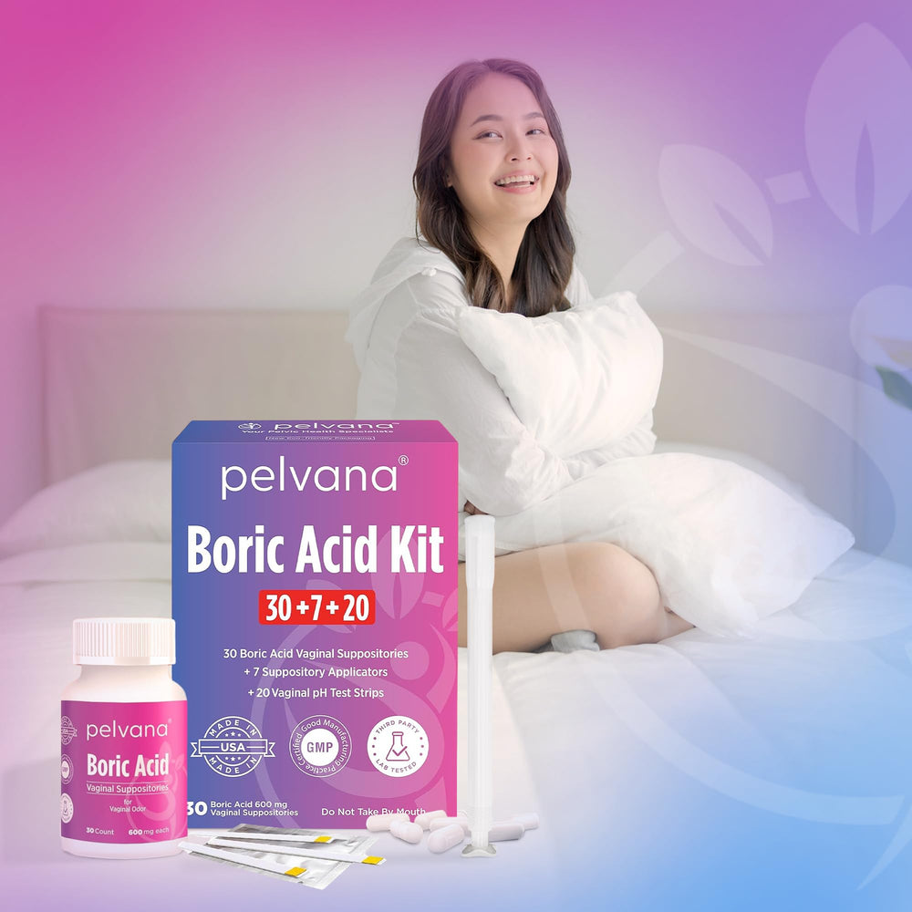 Pelvana vaginal care kit displayed on a bathroom counter